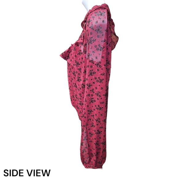 TRIXXI new burgundy & black sheer long sleeve ruffle floral chiffon blouse - Picture 6 of 16
